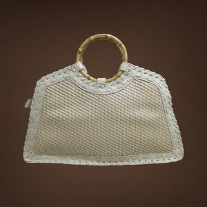 Trapezoid Shaped SR2 Woven Vegan Leather Cream Handbag w/ Bamboo Handles, Medium